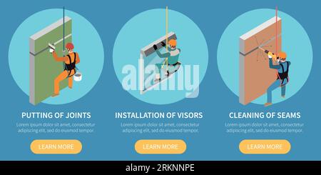 Height works design concept set of three isometric compositions  depicting visors installation putting of joints cleaning of seams vector illustration Stock Vektor