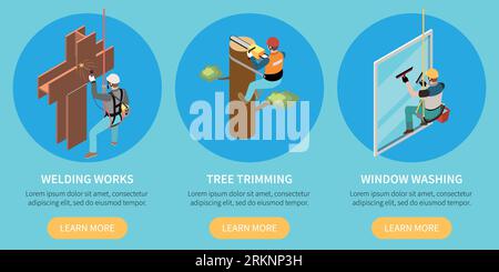 Industrial alpinism isometric compositions depicting welding works tree trimming window washing vector illustration Stock Vektor