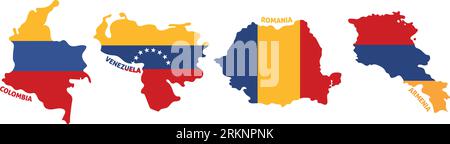 Set farbiger Landkarten mit ihren Flaggen Vektor Stock Vektor
