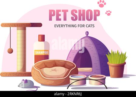 PET-Shop-Poster im Cartoon-Stil mit verschiedenen Katzenpflegezubehör-Vektorillustration Stock Vektor