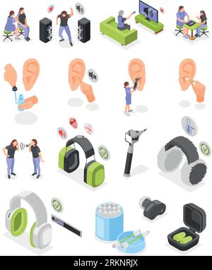 Hearing hygiene isometric icons set of medical tools for ear diagnostics and ear care products isolated vector illustration Stock Vector