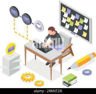 Personal productivity and multitasking isometric vector illustration with woman working at office on laptop near board with memos Stock Vektor
