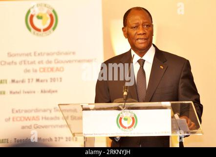 Bildnummer: 57705355  Datum: 27.03.2012  Copyright: imago/Xinhua (120327) -- ABIDJAN, March 27, 2012 (Xinhua) -- Ivory Coast President Alassane Ouattara speaks during an extraordinary summit of the Economic Community of West African States (ECOWAS) in Abidjan, Ivory Coast, March 27, 2012. The ECOWAS held on Tuesday an emergency summit to discuss the situation in Mali. (Xinhua/Zhao Yingquan) (srb) IVORY COAST-ABIDJAN-ECOWAS-SUMMIT-MALI PUBLICATIONxNOTxINxCHN People Politik xda x0x premiumd 2012 quer      57705355 Date 27 03 2012 Copyright Imago XINHUA  Abidjan March 27 2012 XINHUA Ivory Coast P Stock Photo