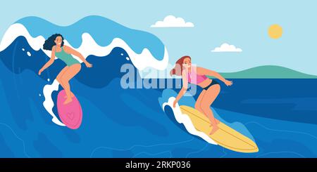 Young women surfing on vacation flat vector illustration Stock Vector