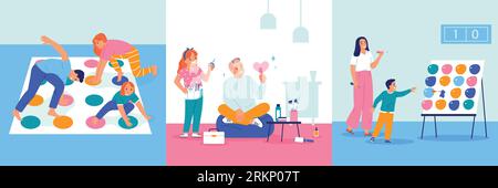 Eltern spielen Spiele und machen Spaß Freizeitaktivitäten mit ihren Kindern Flat Set isolierte Vektor-Illustration Stock Vektor