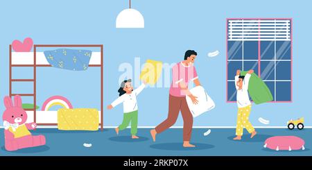 Father playing with his children fighting with pillows in bedroom flat vector illustration Stock Vector