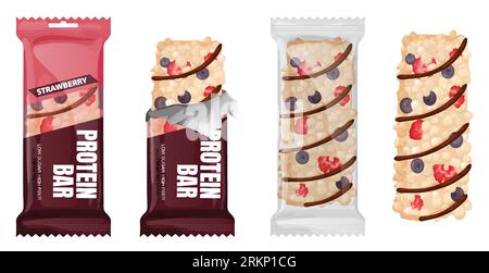 Healthy protein bar packaging set with four isolated top view images of packed and whole snacks vector illustration Stock Vektor