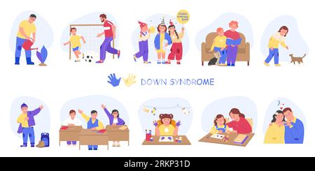 Downs syndrome flat icon set people watering flowers playing soccer celebrating birthdays reading books playing with animals study Stock Vector