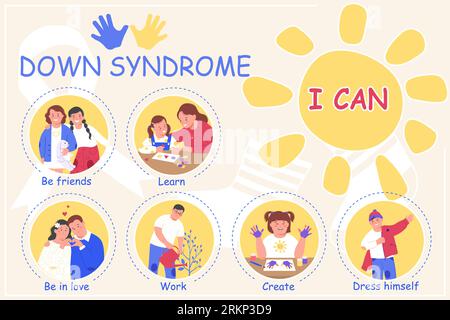 Downs-Syndrom flache Infografik mit Be Friends Learn Be in Love Arbeit erstellen Kleid selbst Beschreibungen Vektor-Illustration Stock Vektor