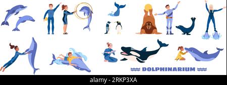 Dolphinarium flat set of handlers and animals during performance isolated on white background vector illustration Stock Vector