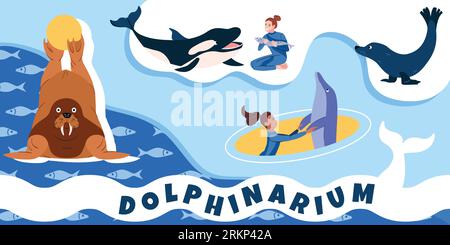 Dolphinarium Aquarium Collage im flachen Stil mit weiblichen Handlern und niedlichen schlauen Tieren, die Tricks Vektor Illustration durchführen Stock Vektor