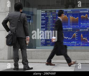 Bildnummer: 57893480  Datum: 13.04.2012  Copyright: imago/Xinhua (120413) -- TOKYO, April 13, 2012 (Xinhua) -- walk past a stocks index screen in Tokyo, Japan, April 13, 2012. Nikkei gained Friday as concern over geopolitical turmoil possibly raised by Democratic People s Republic of Korea (DPRK) s rocket launch receded after the country s news agency confirmed that its rocket launch ended in failure. (Xinhua/Kenichiro Seki) JAPAN-STOCKS-GAINS PUBLICATIONxNOTxINxCHN Wirtschaft Börse Börsenkurs Aktienkurs steigend premiumd x0x xds 2012 quer      57893480 Date 13 04 2012 Copyright Imago XINHUA Stock Photo