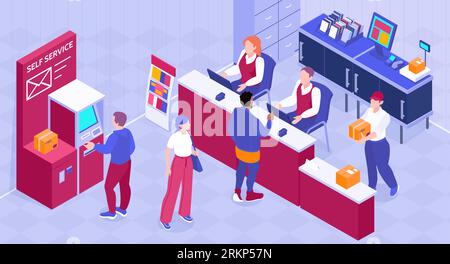 Isometric post office composition with indoor view of branch with workers at stand and self service vector illustration Stock Vector