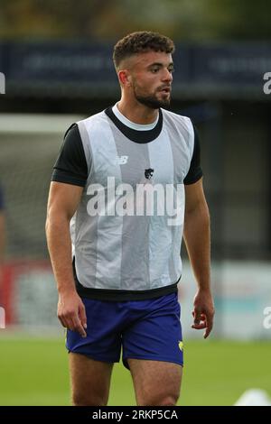 Armco Arena, Solihull, Großbritannien, 25. August 2023, Solihull Moors Kyle Morrison erwärmt sich während des Spiels der Vanarama National League zwischen Solihull Moors FC und FC Halifax Town in der Solihull Moors Armco Arena Stockfoto