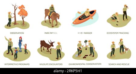 Isometrische Waldranger-Kompositionen mit Text- und Außenszenen, Tierbäumen und Vektorillustration mit menschlichen Charakteren Stock Vektor