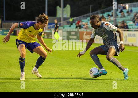 Armco Arena, Solihull, UK, 25th Aug 2023, FC Halifax Town's Andrew Oluwabori taking the ball forward during Vanarama National League match between Solihull Moors FC and FC Halifax Town held at Solihull Moors Armco Arena Credit: Nick Phipps/Alamy Live News Stock Photo