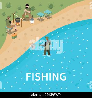 Fishing fisherman isometric composition man a man fishes with a net and two others make soup over a fire vector illustration Stock Vector