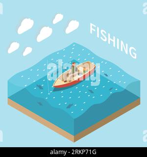 Fishing fisherman isometric isolated concept man fishing sitting in a boat in the water vector illustration Stock Vector