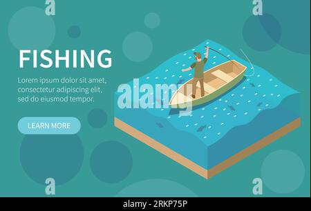 Horizontal fishing fisherman isometric banner with big headline and light blue learn more button vector illustration Stock Vector
