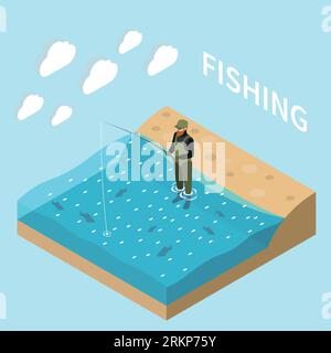 Fishing fisherman isometric colored and isolated concept man fishing on the riverbank vector illustration Stock Vector