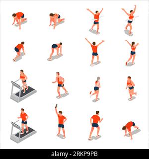 Isometrische Gruppe von Personen, die auf dem Laufband joggen und an der isolierten Vektorillustration des Marathons teilnehmen Stock Vektor