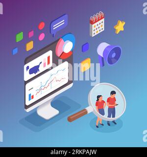 Community manager social marketing online content creation isometric composition on color background vector illustration Stock Vektor