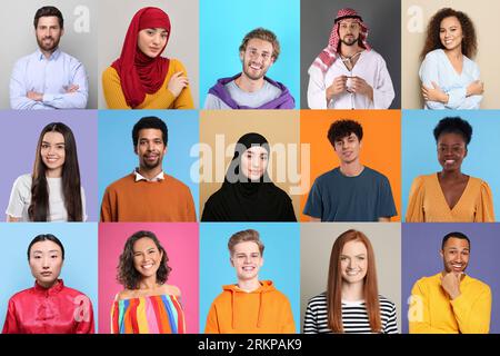 Collage mit Porträts von Menschen unterschiedlicher Farbhintergründe Stockfoto