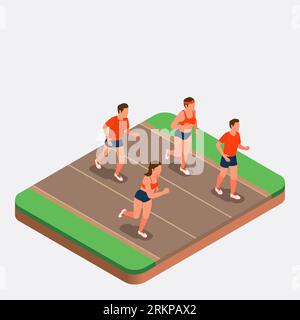 Läufer Männer und Frauen, die an der isometrischen Zusammensetzung des Marathons auf grauem Hintergrund teilnehmen 3D-Vektorillustration Stock Vektor