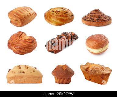 Set mit verschiedenen frisch gebackenen Gebäckstücken isoliert auf weiß Stockfoto