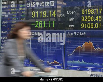 Bildnummer: 57963629 Datum: 07.05.2012 Copyright: imago/Xinhua (120507) -- TOKYO, 7. Mai 2012 (Xinhua) -- A Woman Passes by an Electronic Stock Board in Tokyo, Japan, 7. Mai 2012. Nikkei fiel am Montag auf ein Dreimonatstief unter 9.200, nachdem die europäischen Befürchtungen durch die Wahlen in Frankreich und Griechenland erneut geäußert worden waren. Der Nikkei Stock Average von 225 endete mit 261,11 Punkten oder 2,78 Prozent gegenüber Mittwoch bei 9.119,14, der niedrigsten Schlussmarke seit Februar 14, als er auf 9.052,07 fiel. (Xinhua/Kenichiro Seki) (zw) JAPAN-TOKIO-STOCK-FALL PUBLICATIONxNOTxINxCHN Wirtschaft Börse Börsenkurs Aktienind Stockfoto