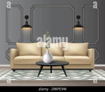 Klassisches Wohnzimmer im realistischen Stil mit Sofa, Couchtisch und leuchtenden Wandlampen, Vektorillustration Stock Vektor
