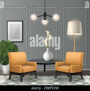 Realistic classic living room interior with hanging lamp wall panels and orange armchairs vector illustration Stock Vektor