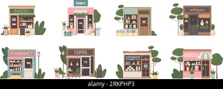 Kleine Geschäftsfassaden Flat Set mit Bäckerei Apotheke Blumenbücher Antiquitäten Kosmetik Süßigkeiten Cafés isolierte Vektorillustration Stock Vektor