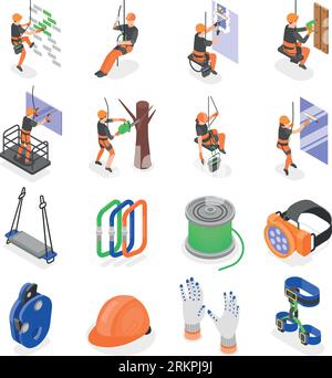 Industriekletterer isometrischer Satz von Spezialausrüstung und Personen in Helm und Sicherheitsgurt arbeiten in der Höhe isolierte Vektorillustration Stock Vektor