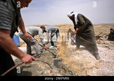 Bildnummer: 58036393 Datum: 26.05.2012 Copyright: imago/Xinhua (120526) -- HEBRON, 26. Mai 2012 (Xinhua) -- Palästinenser arbeiten am 26. Mai 2012 am Bau von Häusern in Kherbet Al-Mufaqarah, in der Nähe der Westjordstadt Hebron. Palästinenser und internationale Aktivisten haben im Westjordanland eine Kampagne gestartet, um Häuser für Einheimische zu bauen, die in Höhlen leben oder deren Häuser in den Gebieten zerstört wurden, in denen Israel das Bauen verbietet. (Xinhua/Mamoun Wazwaz) (zjl) MIDEAST-HEBRON-KAMPAGNE-BUILDING PUBLICATIONxNOTxINxCHN Gesellschaft x2x xsk 2012 quer premiumd o0 Baustelle Haus Wohnhaus Bauarbeiter Arbeitswe Stockfoto