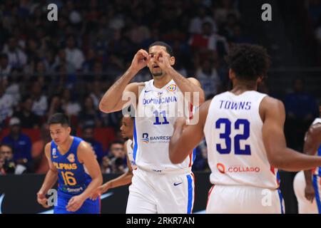 Bocaue, Bulacan, Philippines. 25th Aug, 2023. Eloy Vargas (11, White) celebrates after making a shot during his Country's game against the Philippines.The Dominican Republic served as spoilers, outlasting the Philippines, 87-81 during their FIBA Basketball World Cup group stage match. (Credit Image: © Dennis Jerome Acosta/Pacific Press via ZUMA Press Wire) EDITORIAL USAGE ONLY! Not for Commercial USAGE! Credit: ZUMA Press, Inc./Alamy Live News Stock Photo