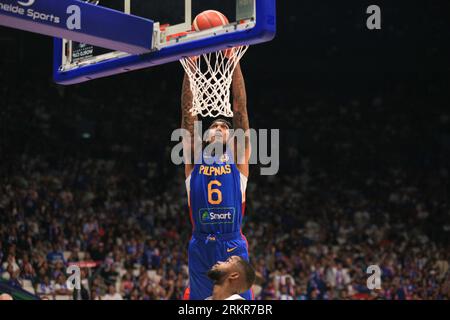 Bocaue, Bulacan, Philippines. 25th Aug, 2023. Jordan Clarkson (6, Blue) converts a breakaway dunk during their basketball match against the Dominican Republic.The Dominican Republic served as spoilers, outlasting the Philippines, 87-81 during their FIBA Basketball World Cup group stage match. (Credit Image: © Dennis Jerome Acosta/Pacific Press via ZUMA Press Wire) EDITORIAL USAGE ONLY! Not for Commercial USAGE! Credit: ZUMA Press, Inc./Alamy Live News Stock Photo