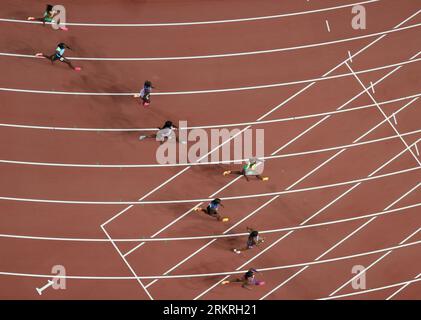 Budapest, Hungary. 25th Aug, 2023. Athletes compete during the women's 200 meters final during the World Athletics Championships in Budapest, Hungary, Aug. 25, 2023. Credit: Li Ying/Xinhua/Alamy Live News Stock Photo