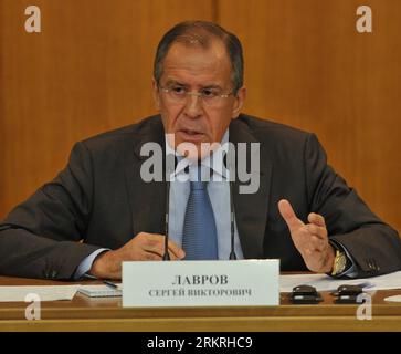 Bildnummer: 58249646  Datum: 16.07.2012  Copyright: imago/Xinhua (120716) -- MOSCOW, July 16, 2012 (Xinhua) -- Russian Foreign Minister Sergei Lavrov speaks during a press conference in Moscow, Russia, July 16, 2012. Lavrov said the calls for Russia to persuade Syrian President Bashar al-Assad to step down are unrealistic , as the president still enjoys supports from a significant part of the Syrian people. (Xinhua) (rh) RUSSIA-MOSCOW-PRESS CONFERENCE PUBLICATIONxNOTxINxCHN People Politik Porträt x0x xst premiumd Highlight 2012 quadrat      58249646 Date 16 07 2012 Copyright Imago XINHUA  Mosc Stock Photo