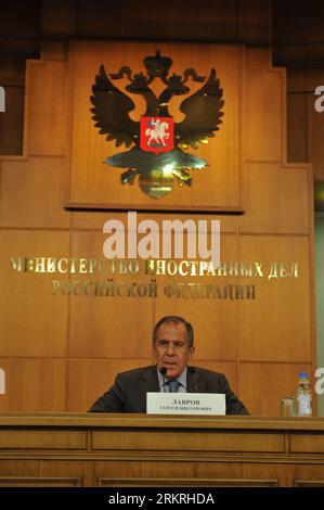 Bildnummer: 58249647  Datum: 16.07.2012  Copyright: imago/Xinhua (120716) -- MOSCOW, July 16, 2012 (Xinhua) -- Russian Foreign Minister Sergei Lavrov speaks during a press conference in Moscow, Russia, July 16, 2012. Lavrov said the calls for Russia to persuade Syrian President Bashar al-Assad to step down are unrealistic , as the president still enjoys supports from a significant part of the Syrian people. (Xinhua) (rh) RUSSIA-MOSCOW-PRESS CONFERENCE PUBLICATIONxNOTxINxCHN People Politik Porträt x0x xst premiumd Highlight 2012 hoch      58249647 Date 16 07 2012 Copyright Imago XINHUA  Moscow Stock Photo