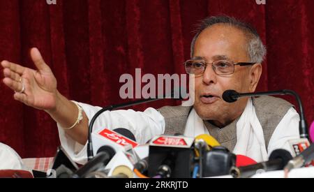 120722 -- GUWAHATI, July 22, 2012 Xinhua -- The file photo taken on July 6, 2012 shows Indian Presidential candidate from the United Progressive Alliance UPA government, Pranab Mukherjee addressing the media during his campaigning for the Presidential election in Guwahati city, capital of northeastern state Assam. India s Congress heavyweight and former finance minister Pranab Mukherjee has been elected the 13th president of India, according to the outcome of official accounts of votes on July 22. Xinhua/Stringer msq INDIA-PRESIDENT-ELECTION-PRANAB MUKHERJEE PUBLICATIONxNOTxINxCHN Stock Photo