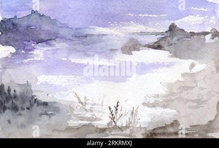 Aquarellviolett Mond Nacht See Berge Landschaft. Stockfoto