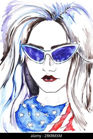 Ein Mädchen in der Aquarellmode mit Brille und Schal. Stockfoto