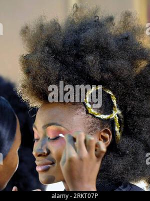 Bildnummer: 58338136 Datum: 11.08.2012 Copyright: imago/Xinhua (120812) -- JOHANNESBURG, 12. Aug. 2012 (Xinhua) -- Ein Model bekommt seine Haare von einem Friseur bei Africa International Hair Extravaganza in Johannesburg, Südafrika, 11. Aug. 2012. Die zweitägige Africa International Hair Extravaganza soll Frauen Zugang zu den neuesten Trends in den Bereichen Haar, Produkte, Accessoires und Schnäppchen verschaffen, bietet aber auch der Haarindustrie die Möglichkeit, ihre Talente in der Branche zu präsentieren, zu Schulen, zu inspirieren und zu zeigen. (Xinhua/Li Qihua) (cl) SÜDAFRIKA-JOHANNESBURG-AFRIKA INTERNATIONALE HA Stockfoto
