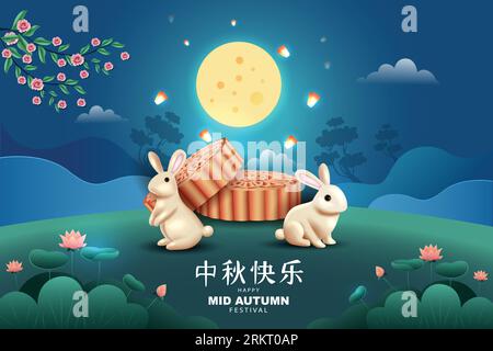 Happy Mid Autumn Festival Grußdarstellung im traditionellen chinesischen Kunstdesign, mit Blumen und Mond Stock Vektor