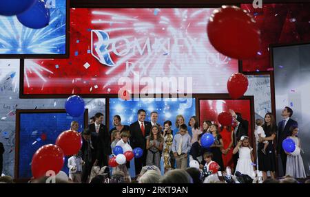 Bildnummer: 58410278  Datum: 30.08.2012  Copyright: imago/Xinhua TAMPA, Aug. 30.2012 - Former Massachusetts governor Mitt Romney, his running mate Paul Ryan and their families wave to delegates during the Republican National Convention in Tampa, Florida, the United States, on Aug. 30, 2012. Mitt Romney on Thursday night accepted U.S. Republican Party s nomination to run against President Barack Obama in the coming election. (Xinhua/Fang Zhe) US-TAMPA-MITT ROMNEY-NOMINATION-ACCEPTANCE PUBLICATIONxNOTxINxCHN People Politik xda x0x premiumd 2012 quer     58410278 Date 30 08 2012 Copyright Imago X Stock Photo