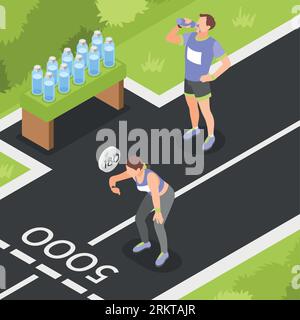 Marathon runners isometric background with athletes drinking water and measuring pulse after long distance vector illustration Stock Vector