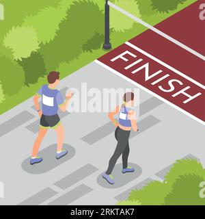 Young marathon runners getting closer to finish line isometric background 3d vector illustration Stock Vector