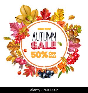 Autumn sale realistic round frame consisting of golden red and orange colored leaves and berries vector illustration Stock Vector