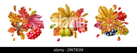 Realistische Kompositionen bestehend aus bunten Herbstblättern und Trauben von Beeren isolierte Vektorillustration Stock Vektor